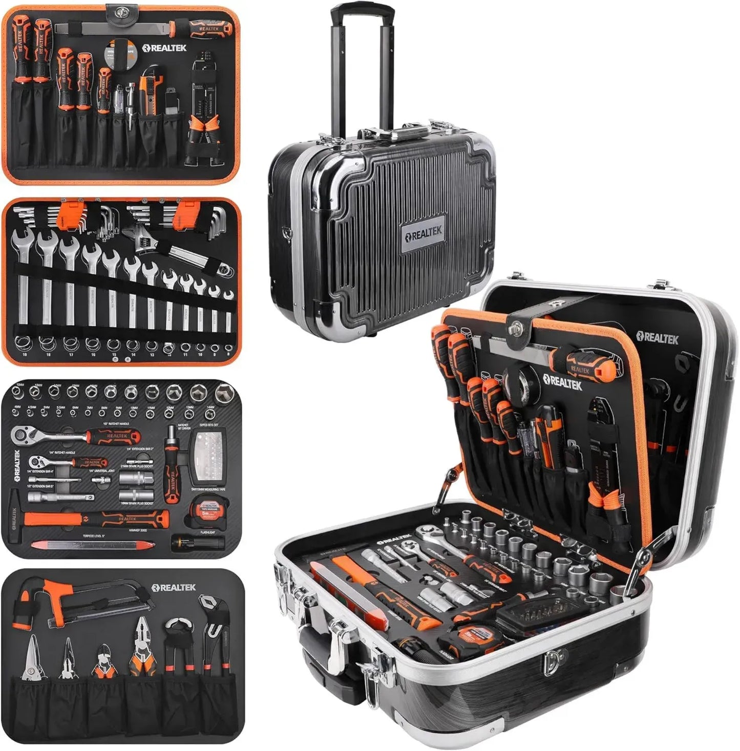 REALTEK Kit d'Outils Complet 123 pièces, Mallette Portable avec Tournevis, Marteau, Clés à Douille et Accessoires