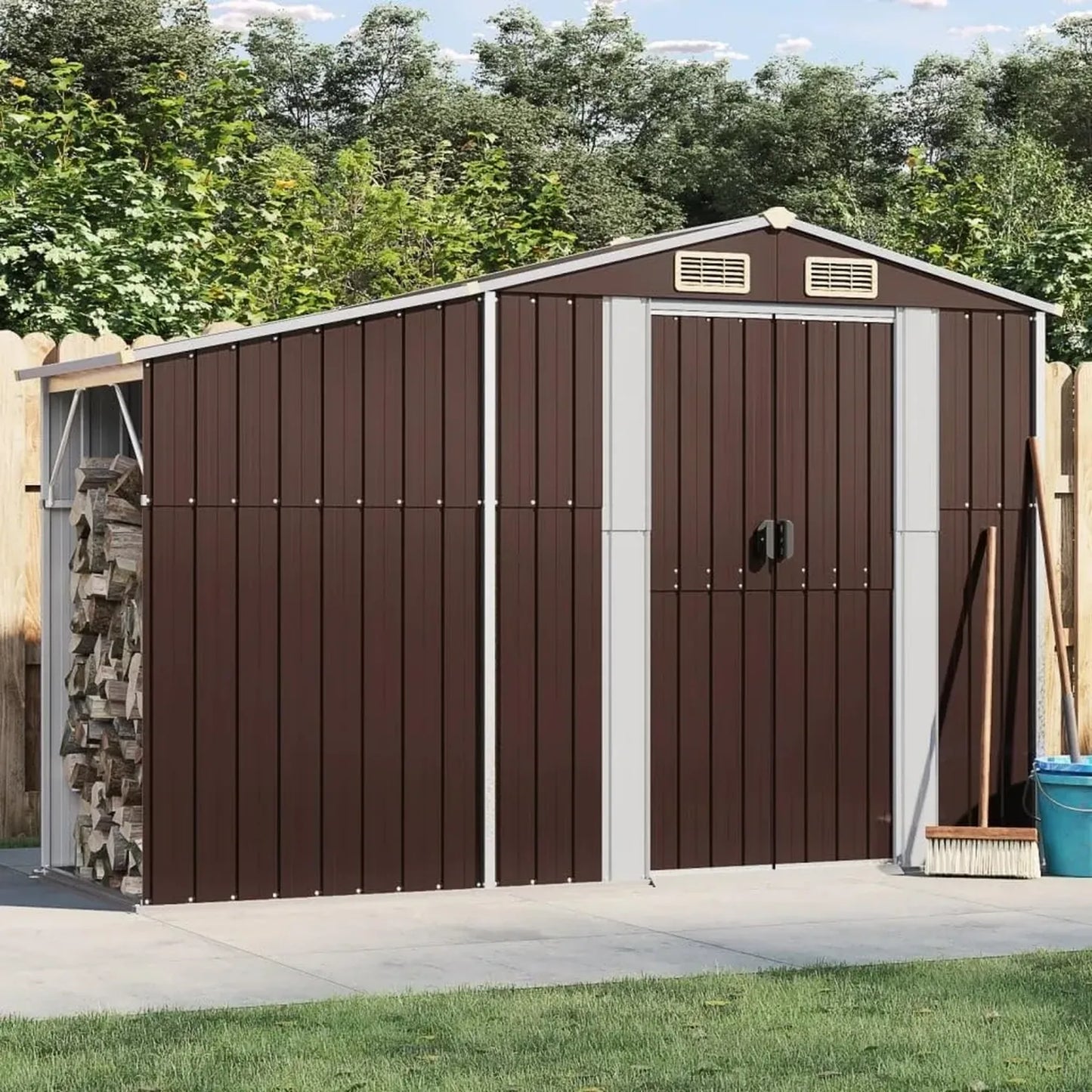 Cabane de jardin en acier galvanisé – Rangement extérieur pour outils et bois – Toit en pente résistant aux intempéries – 277 x 93 x 179 cm